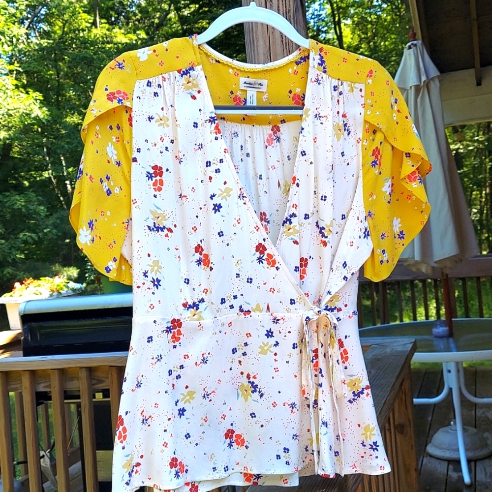 Meadow Rue White Floral Wrap Top with Yellow Flutter Sleeves